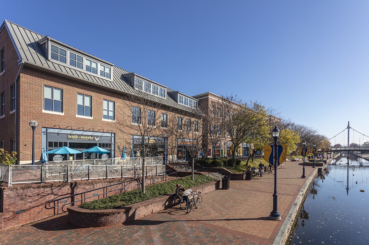 Carroll Creek Linear Park promenade in downtown Frederick, Maryland